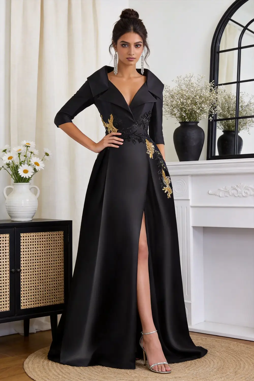 Black Satin Gown With Gold Embroidery Lapel V Neck High Slit Evening Dress (ZD17146)