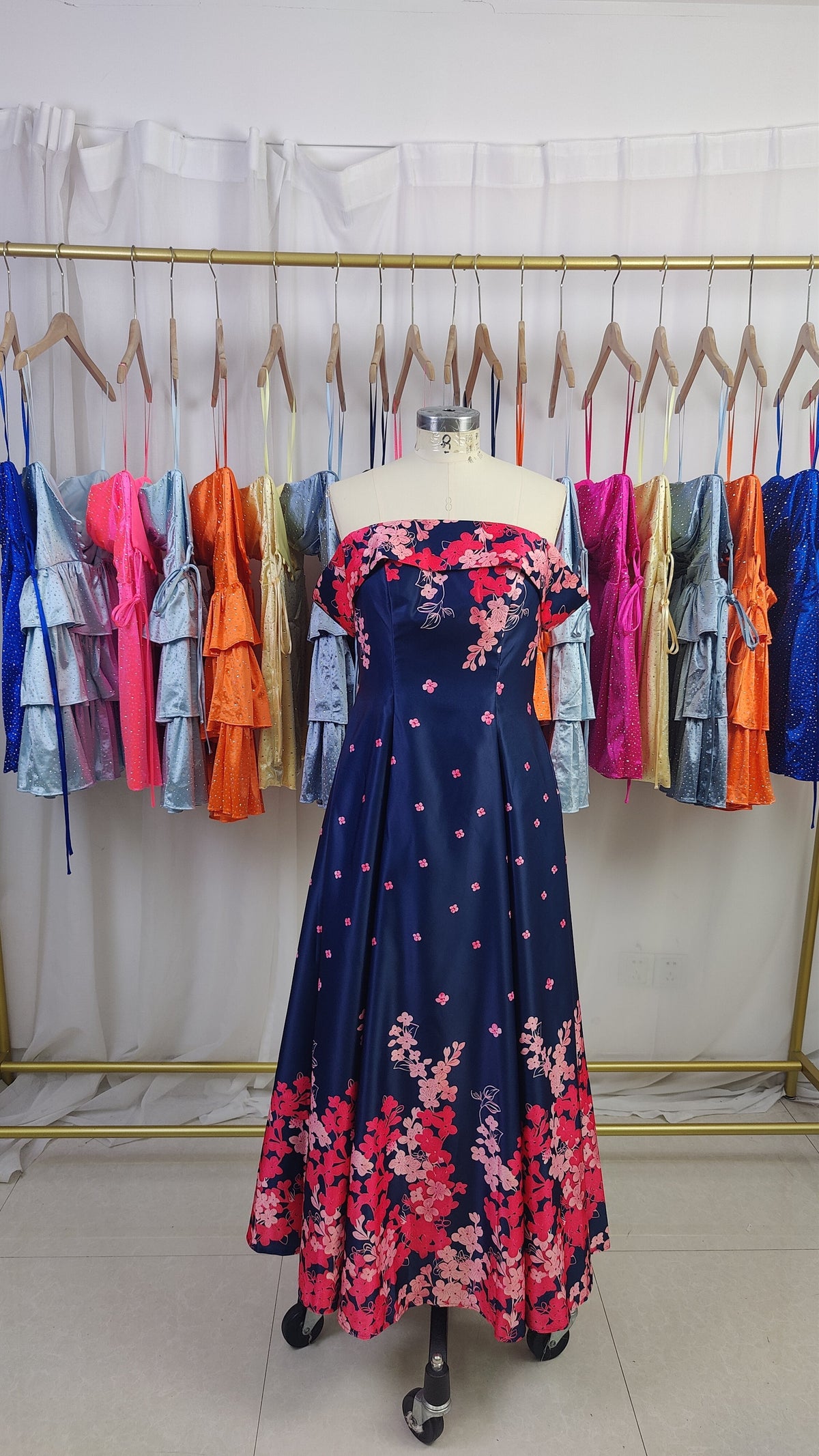 A-Line Off-the-Shoulder Ankle Length Satin Floral Mother of the Bride Dress - View 8 | FashionDia