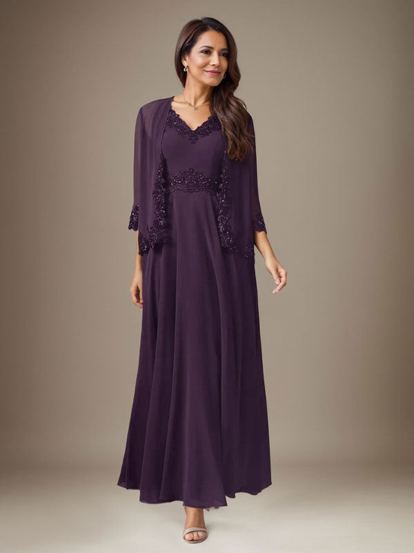 Plum A-Line Sequins Chiffon Dress - FashionDia