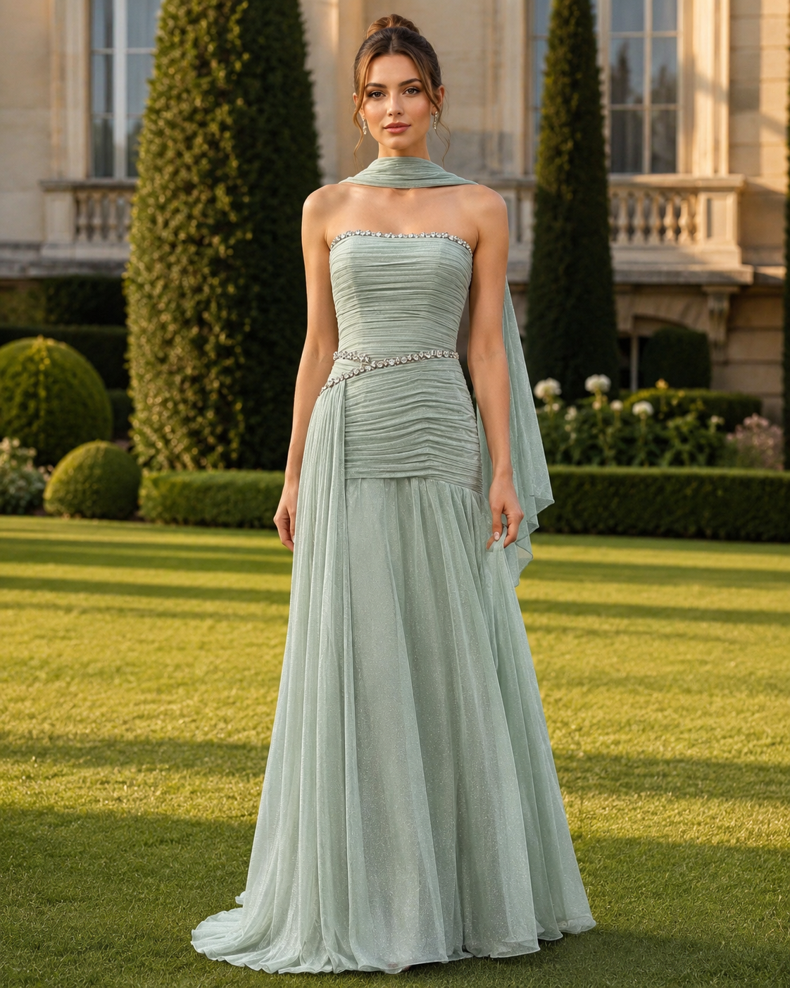 Charming Strapless Sleeveless Chiffon Prom Dresses Floor-Length Gem Pleats With Lace-Up Back