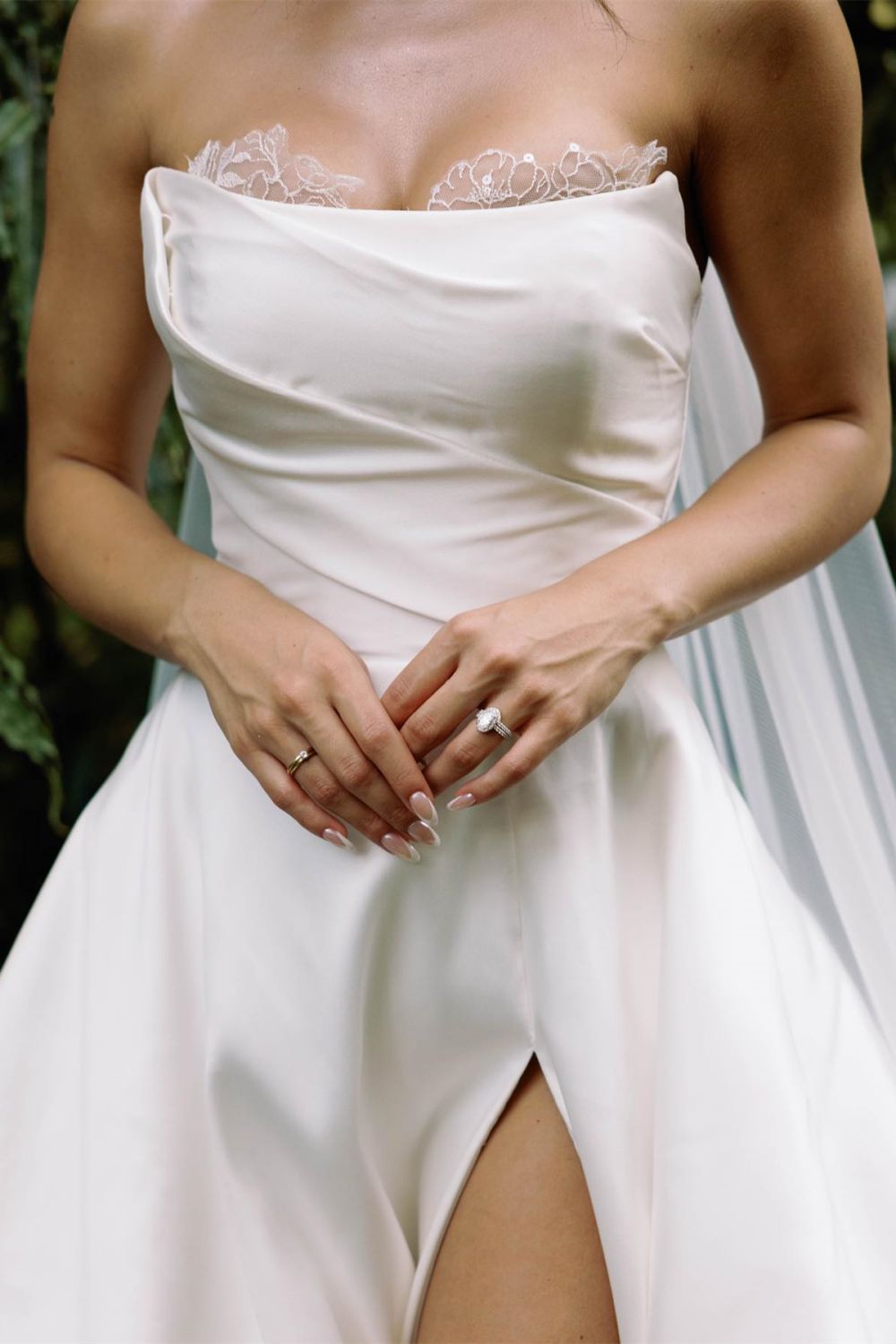 Elegant A Line Strapless White Sating Long Wedding Dress with Split Front - View 2 | FashionDia