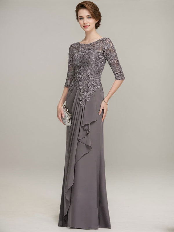 A-line Scoop Illusion Floor-Length Lace Chiffon Mother of the Bride Dress With Cascading Ruffles - FashionDia