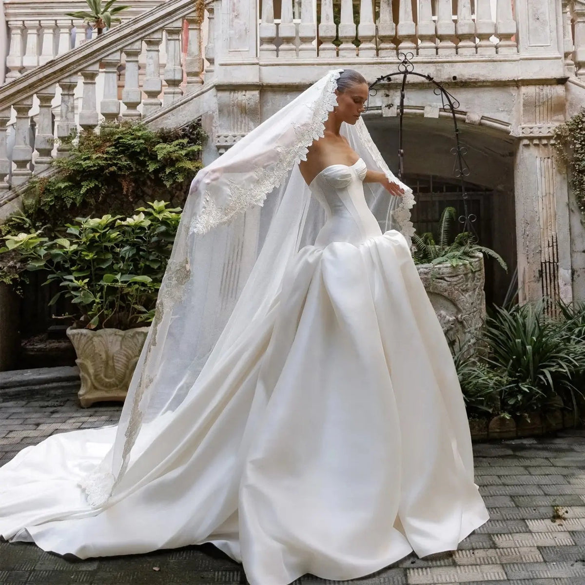Classic White Satin Strapless Ball Gown Wedding Dress with Veil ZP114