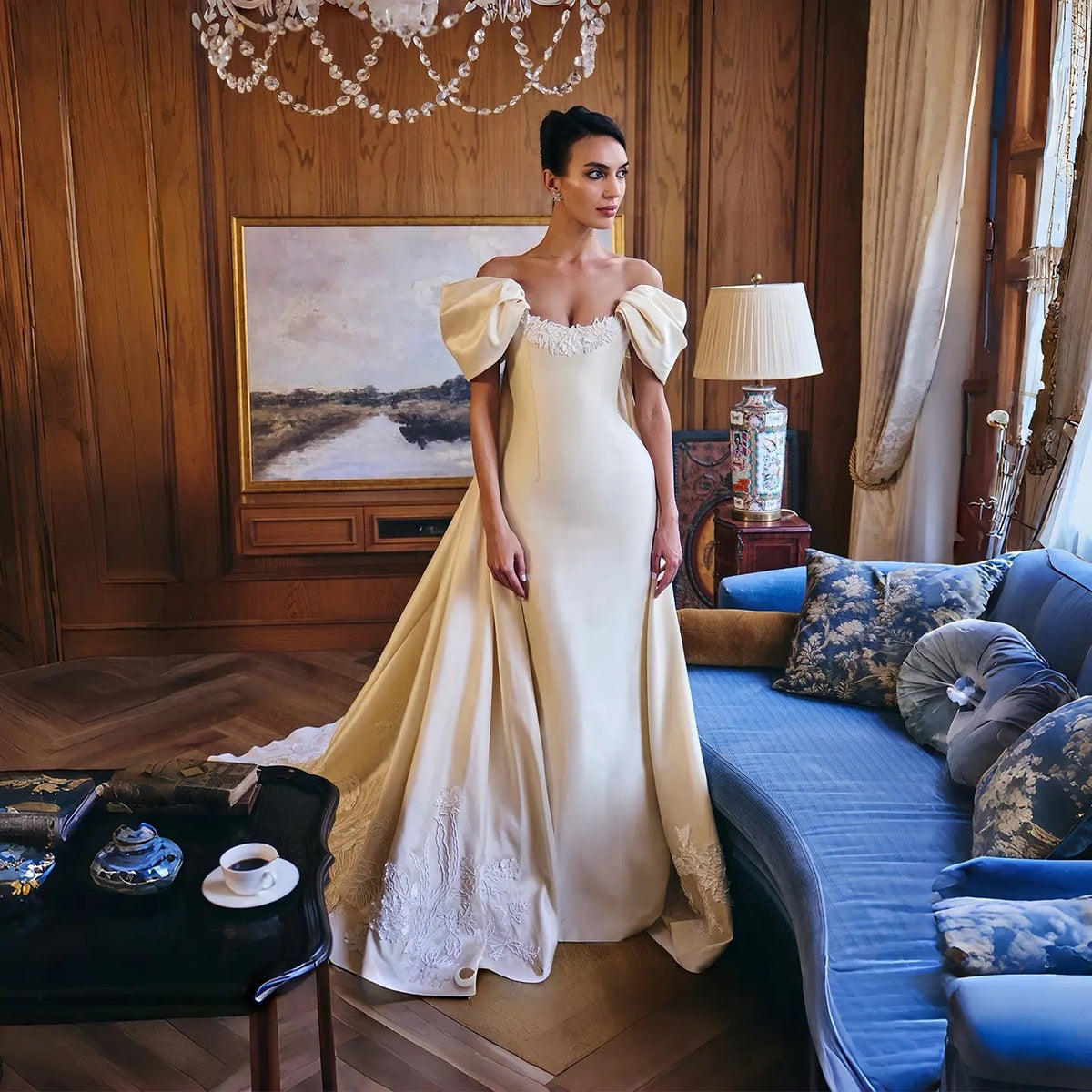 Luxury Ivory Off-the-Shoulder Satin Wedding Dress with Puff Sleeves ZP074