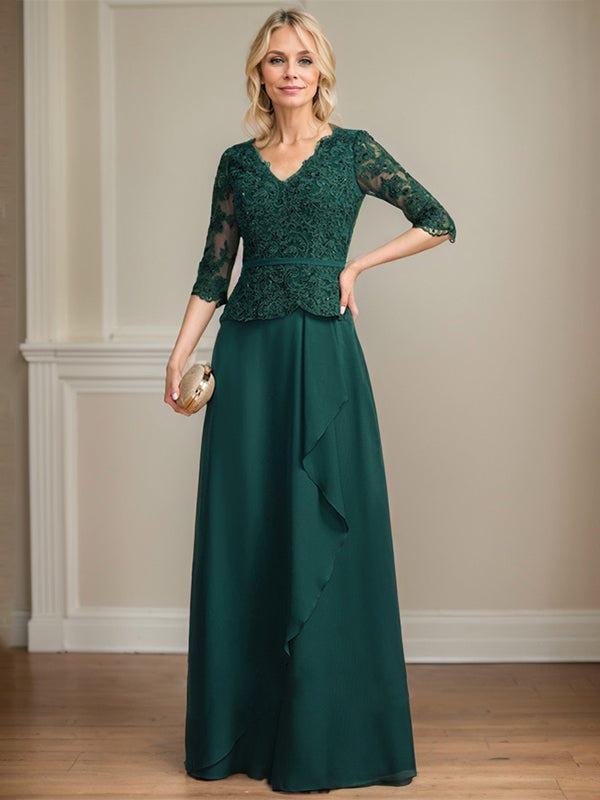 A-line V-Neck Floor-Length Lace Chiffon Mother of the Bride Dress With Cascading Ruffles Sequins - VelvetHem