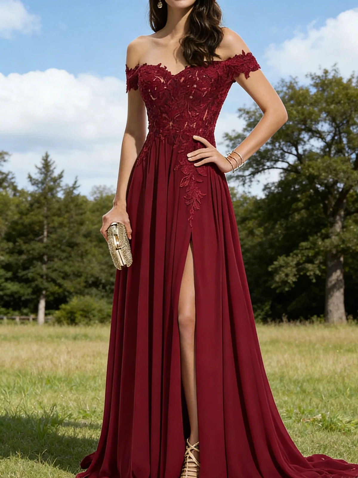 Burgundy Off-the-Shoulder Lace Evening Gown with Train (ZD16782) - View 2 | VelvetHem
