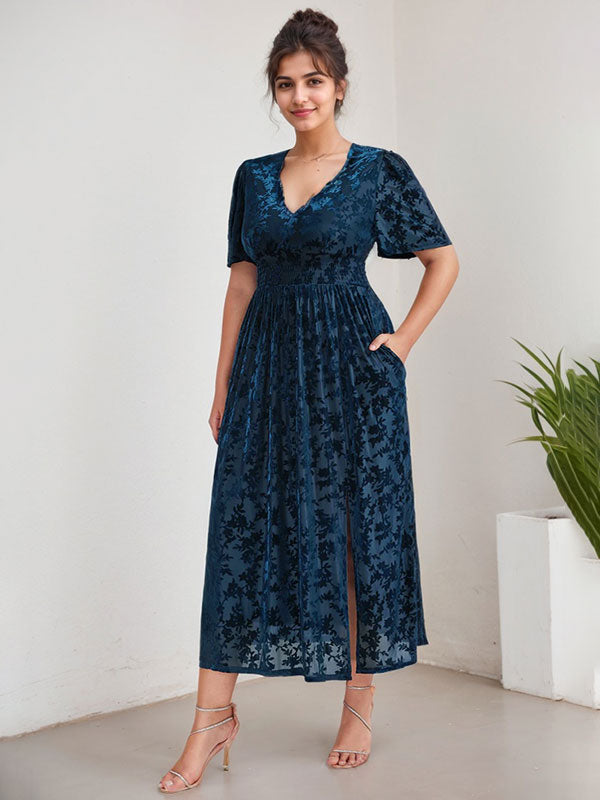 Plus Size A-Line V-Neck Velvet Tea-Length Mother of the Bride Dress - FashionDia