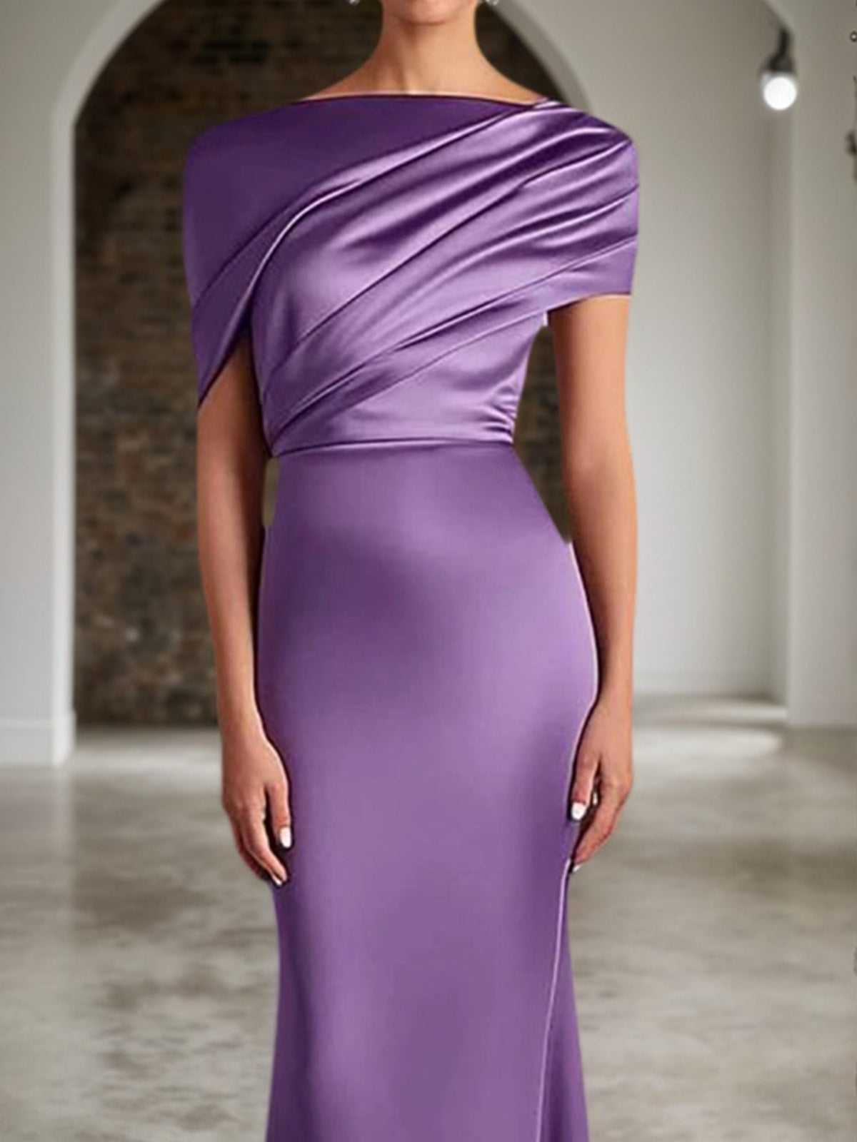 Fall Wedding Guest Dress Satin Purple Ruched Maxi Dress - View 2 | FashionDia