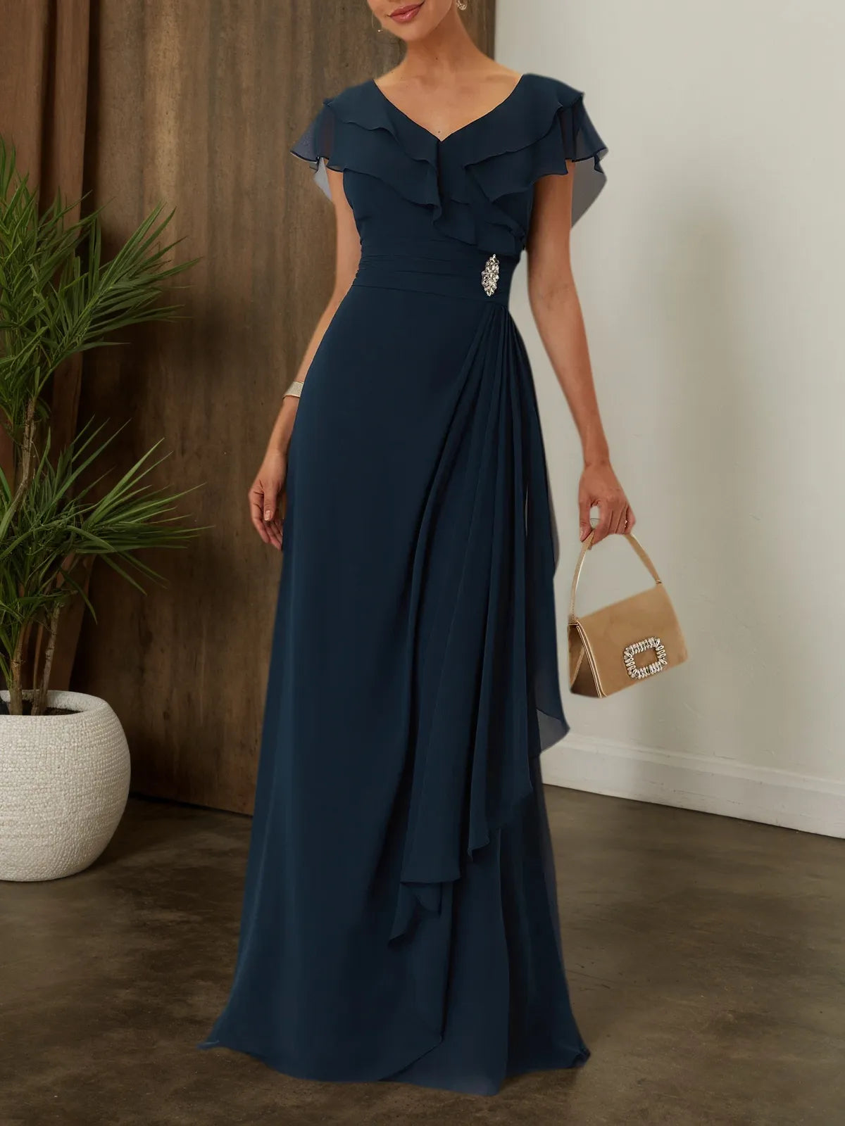 Purplish blue Ruffled Rhinestones Chiffon V-Neck Short Sleeve A-Line Maxi Mother of the Bride or Groom Dress - FashionDia