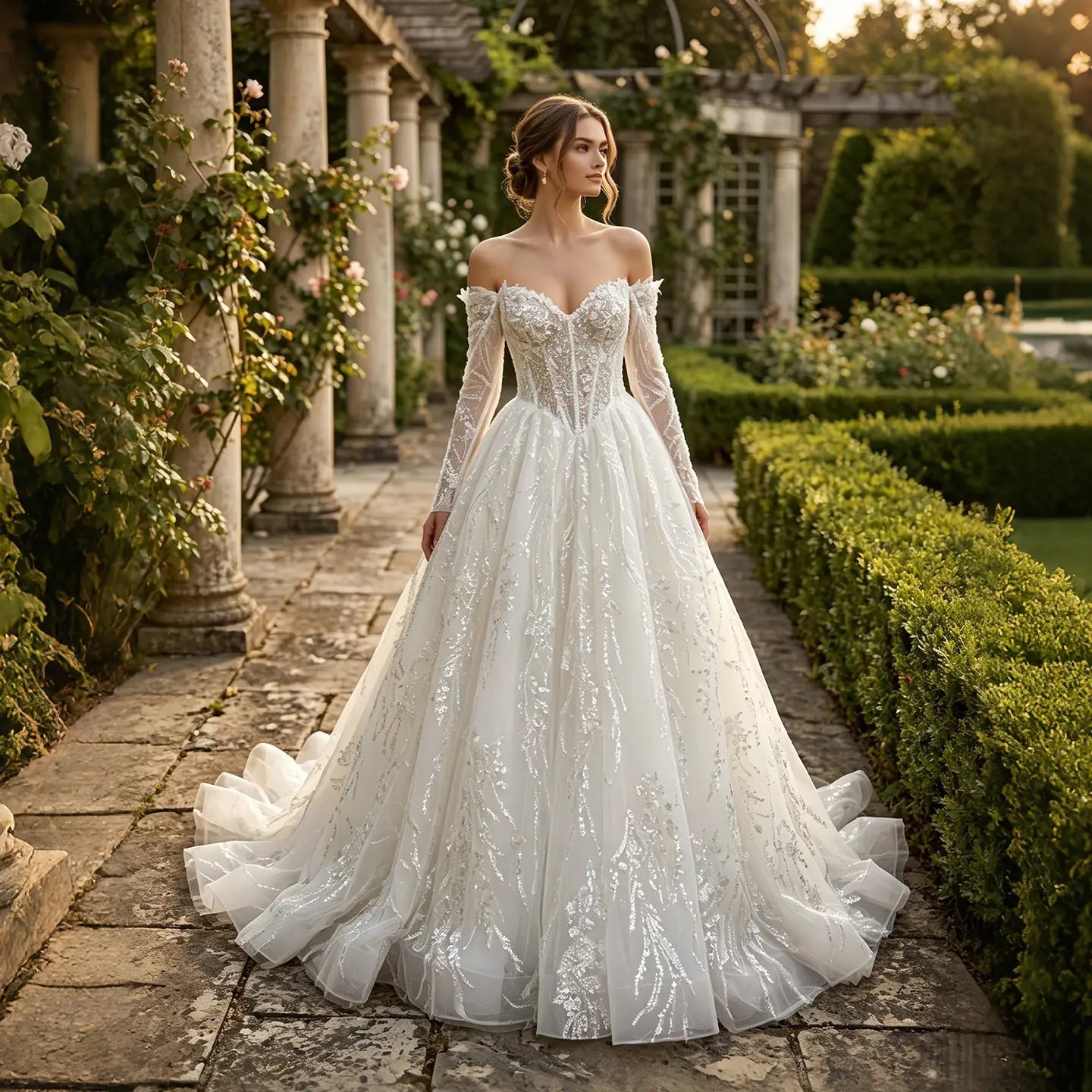 Luxury White Off-the-Shoulder Long Sleeve Lace Tulle Ball Gown Wedding Dress ZP068