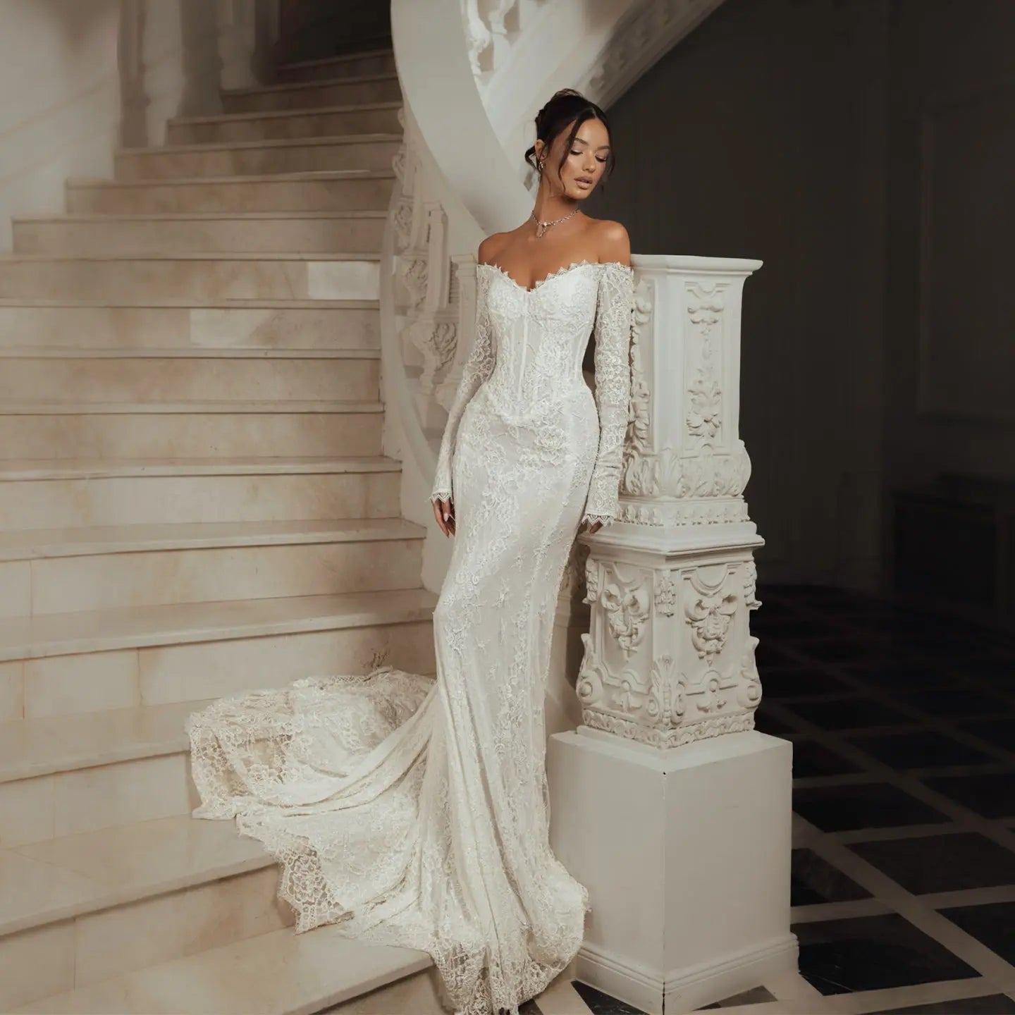 White Off the Shoulder Long Sleeve Lace Mermaid Wedding Dress