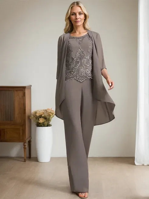 Separates Jumpsuit/Pantsuit Scoop Floor-Length Chiffon Lace Mother of the Bride Dress With Beading Sequins - VelvetHem