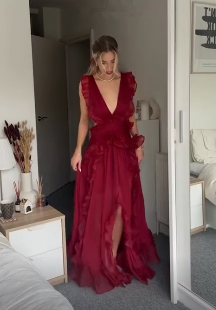 Sexy Burgundy Deep V-Neck Chiffon Ruffles Slit Party Dress Long Prom Evening Dress - FashionDia