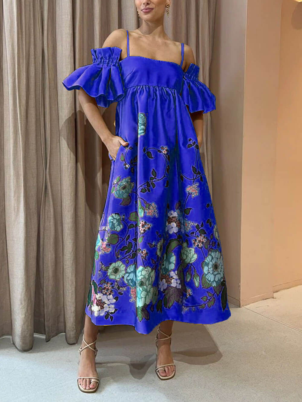 Marigold Printed Gathered Sleeve Pocketed A - Line Midi Dress