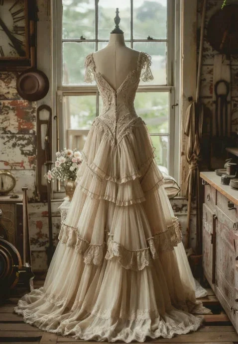 Vintage A Line Chiffon Lace Evening Dress Elegant Wedding Dress (ZD13725) - View 2 | VelvetHem