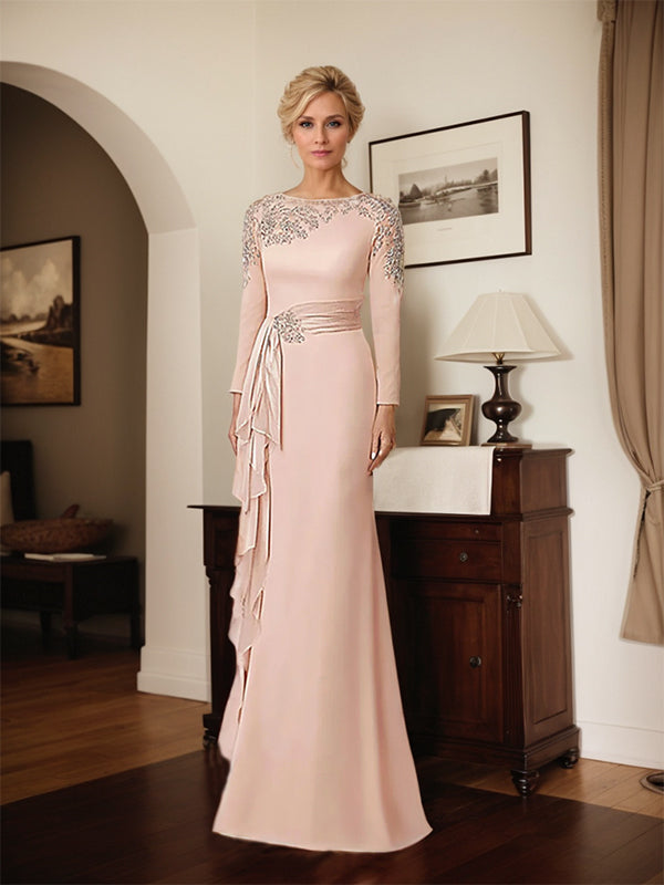 Elegant Blush Satin Sheath Mother of the Bride Dress with Long Sleeves - FashionDia