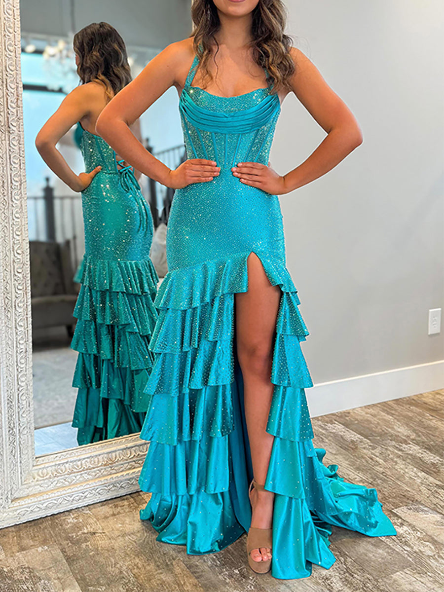 Red Shimmer Halter Tiered Ruffle Long Prom Dress with Slit - View 6 | FashionDia