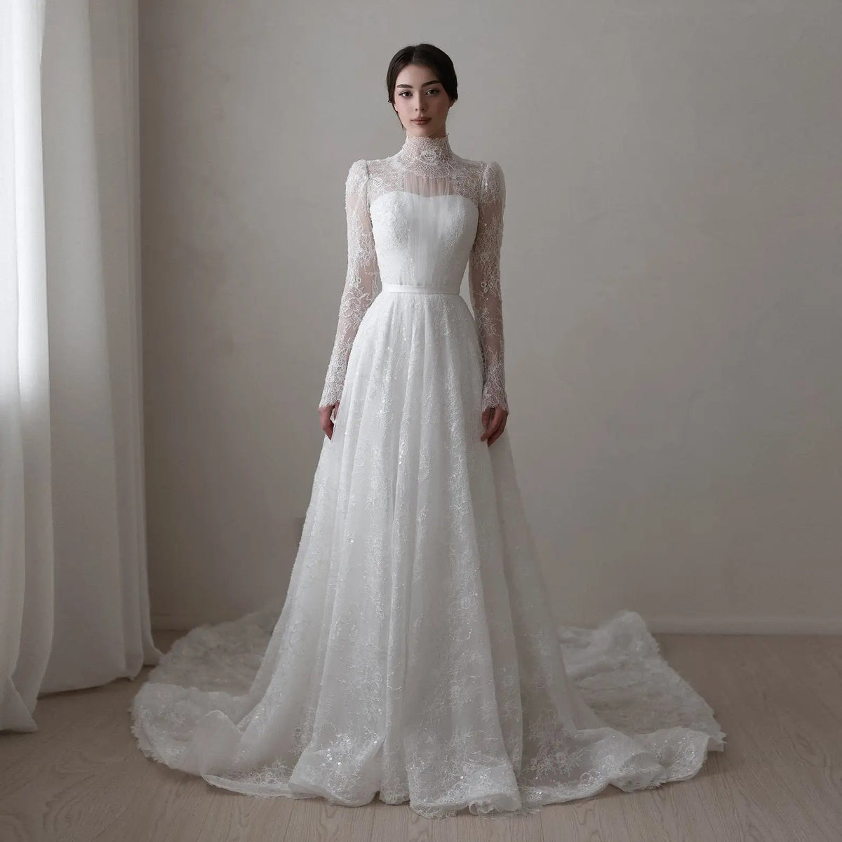 Elegant Sequin Printed Long Sleeve Wedding Dress ZP172 - VelvetHem