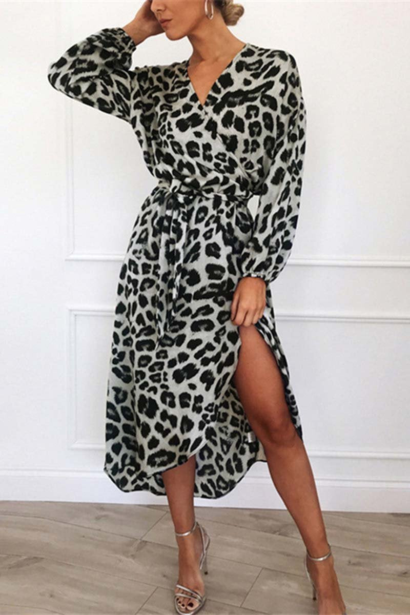 Minimalist Lucia V Neck Midi Dress with Leopard Print Waistband Elevated Occasion Wear