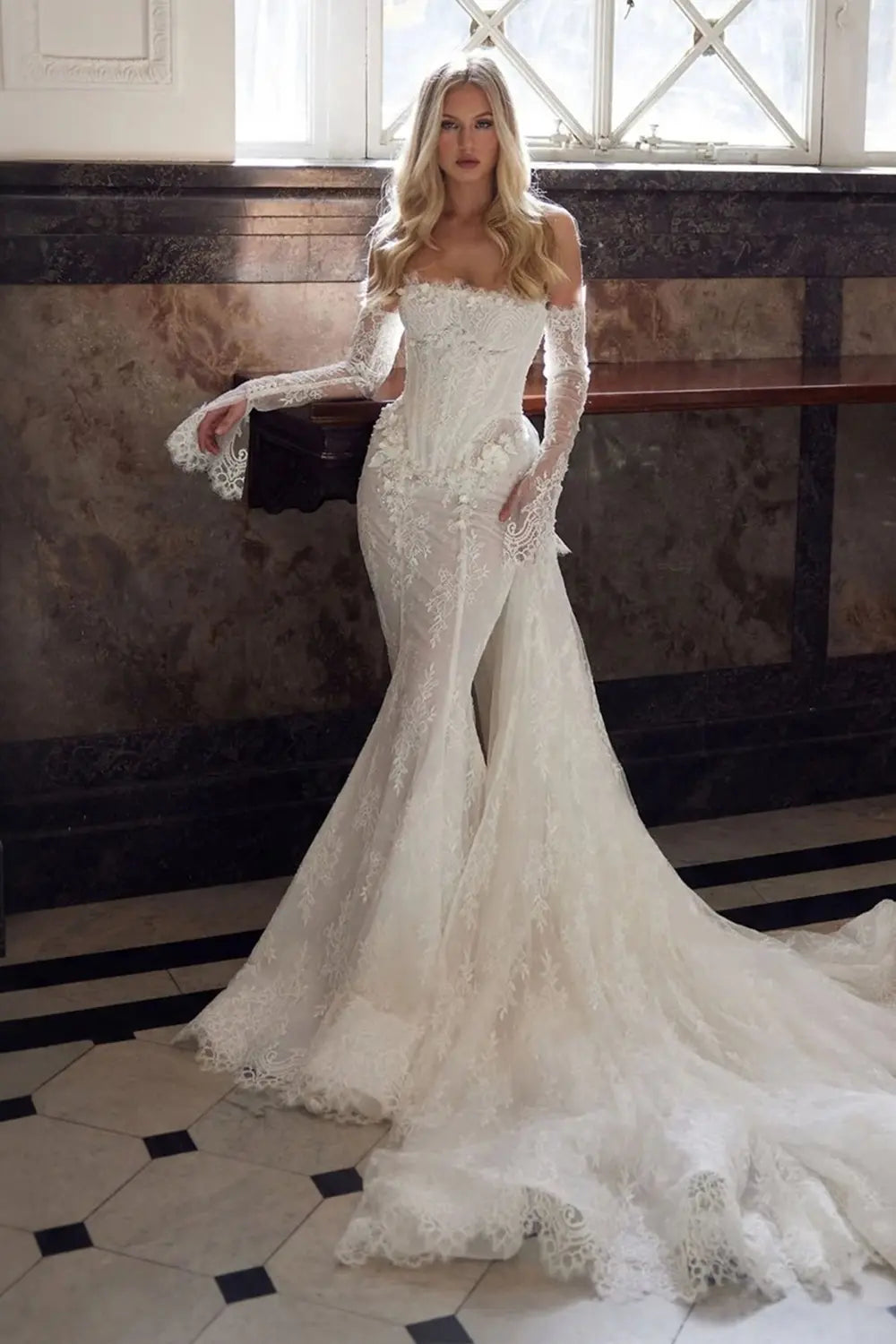 White Lace Applique Corset Bridal Gown with Cathedral Train ZP204