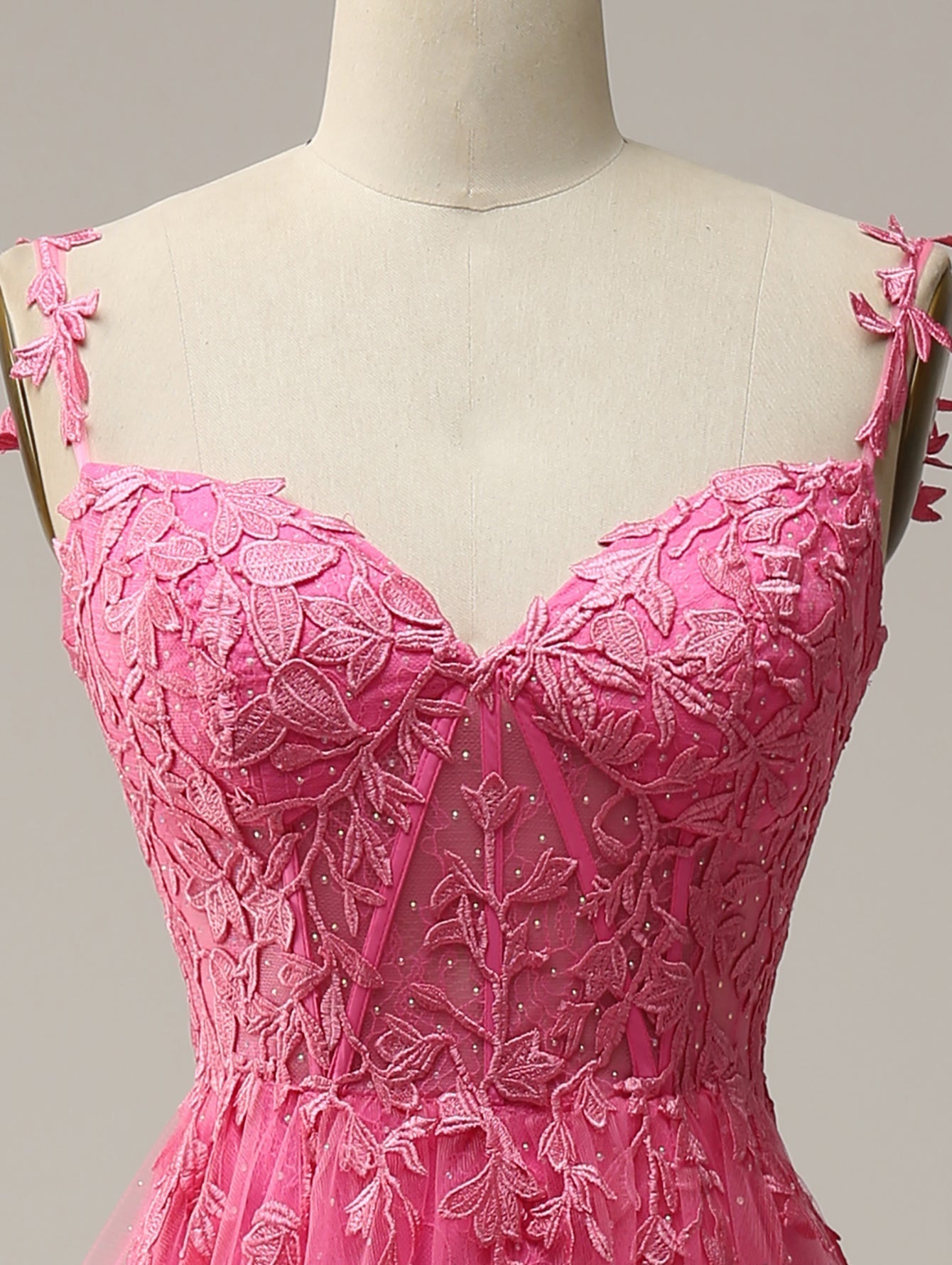 A Line Lilac Straps Lace Long Prom Dress - Fashionpara