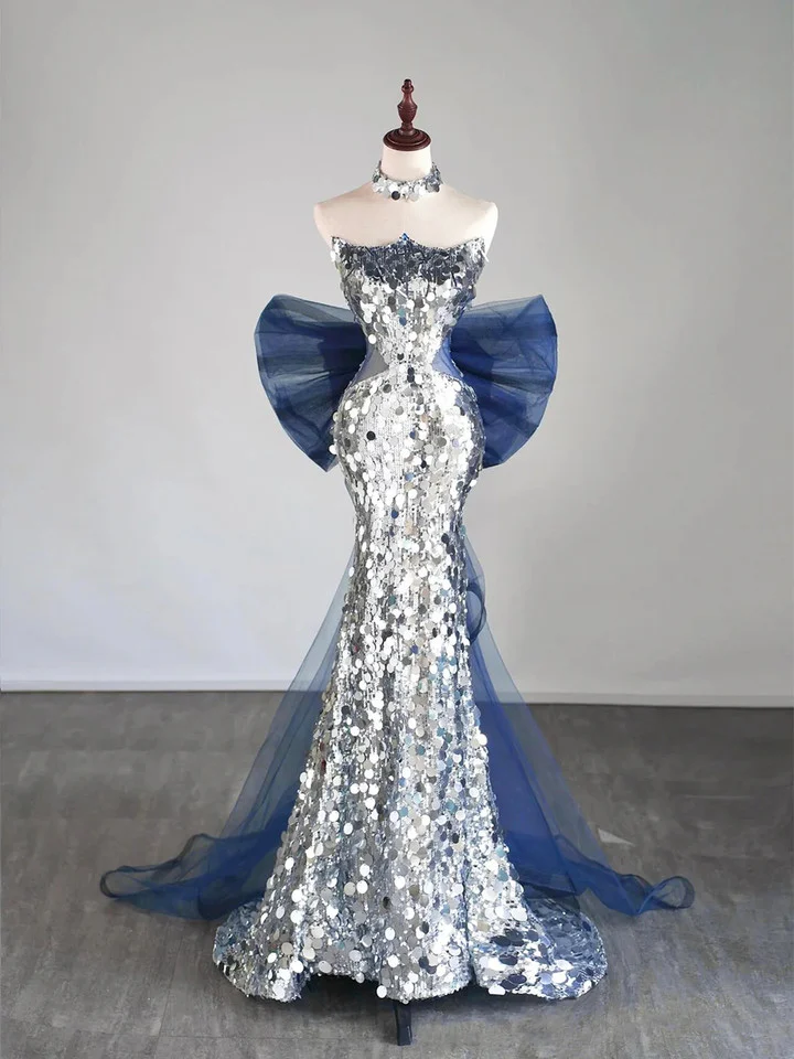 Glitter Silver Sequins Long Evening Dress Mermaid Prom Dress With Bow