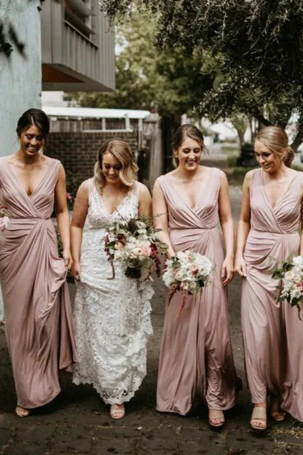 A Line Chiffon V Neck Sleeveless Floor Length Ruched Bridesmaid Dress