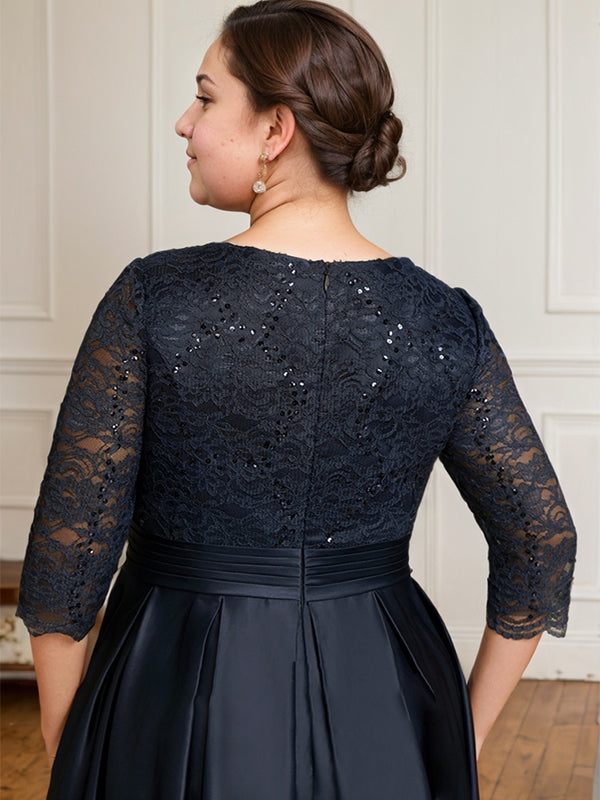 A-line V-Neck Floor-Length Satin Lace Mother of the Bride Dress With Sequins Bow - View 6 | FashionDia