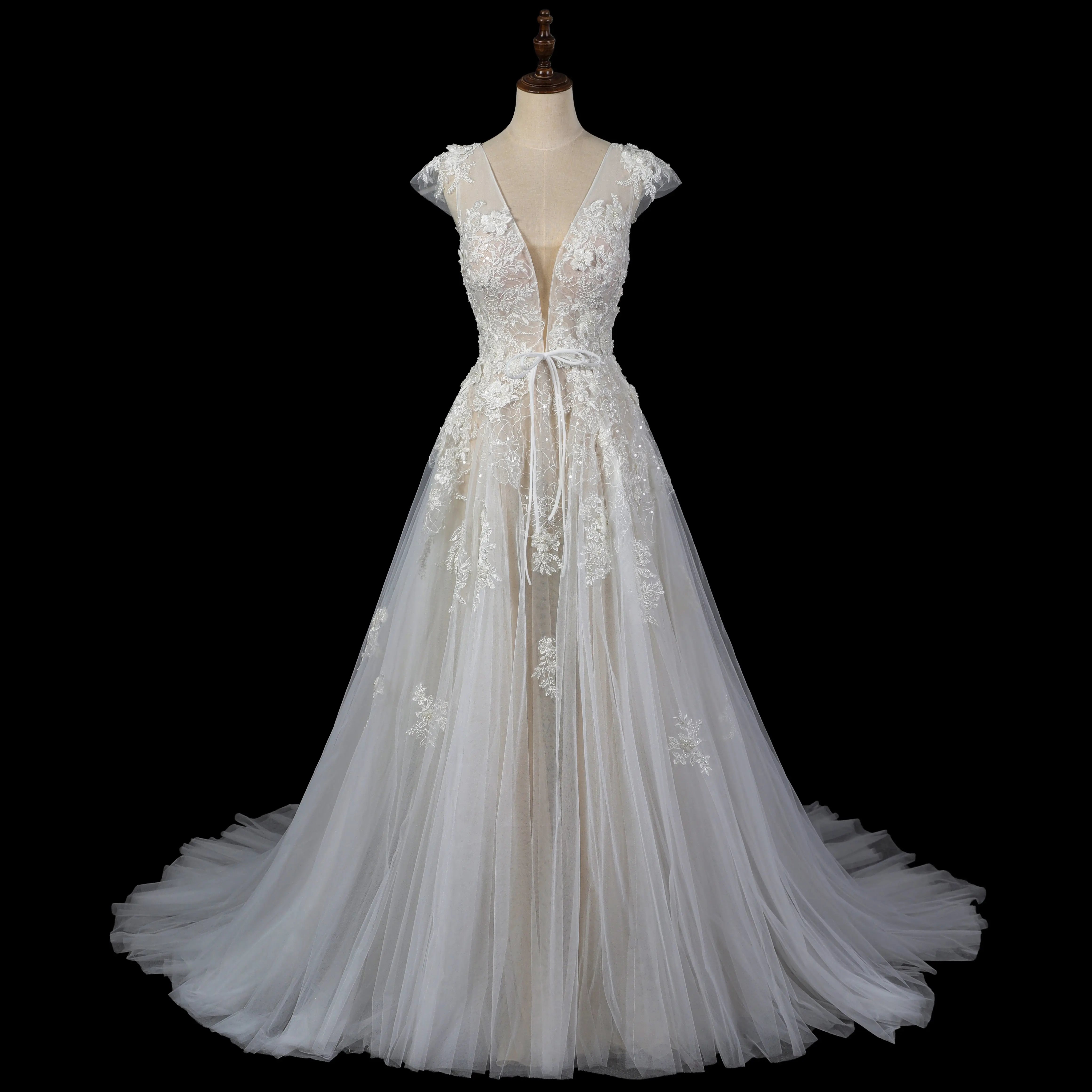 Elegant Ivory V-Neck Cap Sleeve A-Line Lace Tulle Wedding Dress ZP055