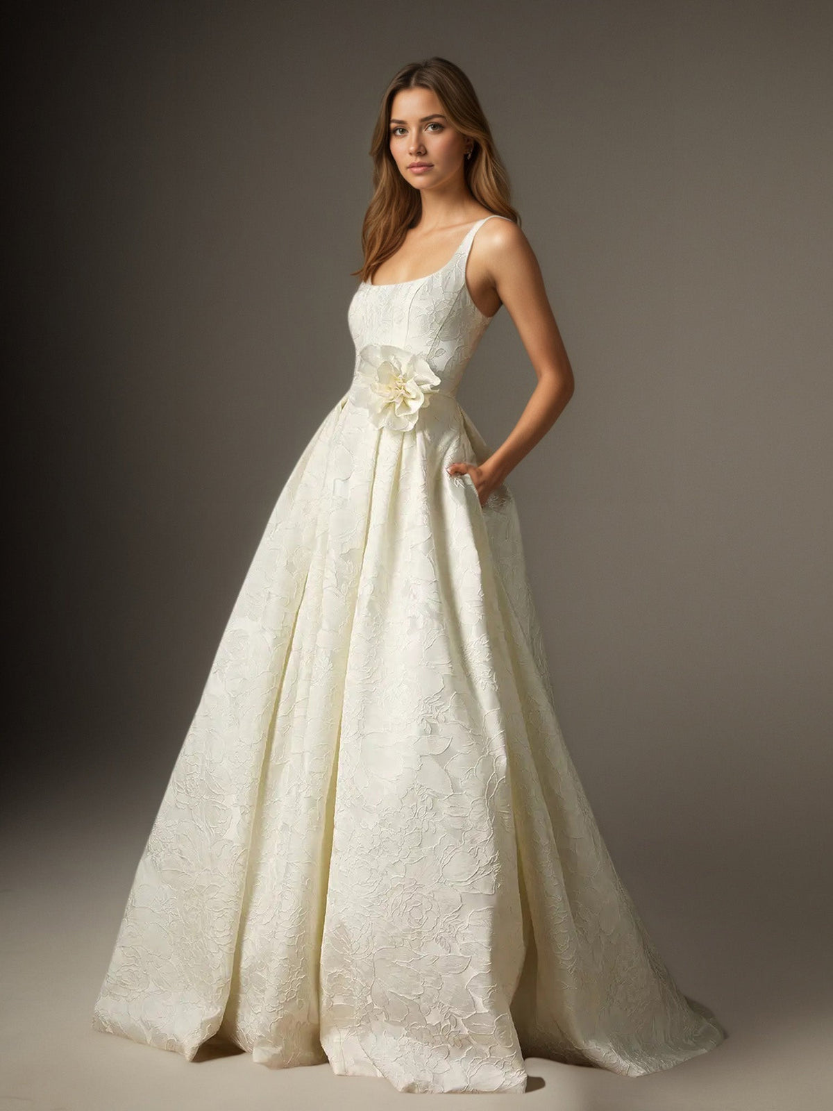 White Ball-Gown with Pockets Floral Jacquard Wedding Dress - VelvetHem