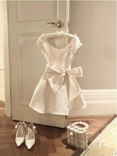 Pearl Satin A-Line Birthday Dress Bow Homecoming Dress fg8291