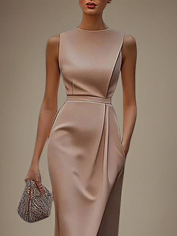 Wedding Guest Dress Round Neck Sleeveless Asymmetrical Length Dress With Pocket
