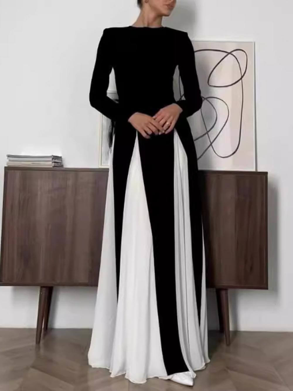 Glam Elegant Panelled Tulle Long Sleeve A - line Maxi Dress