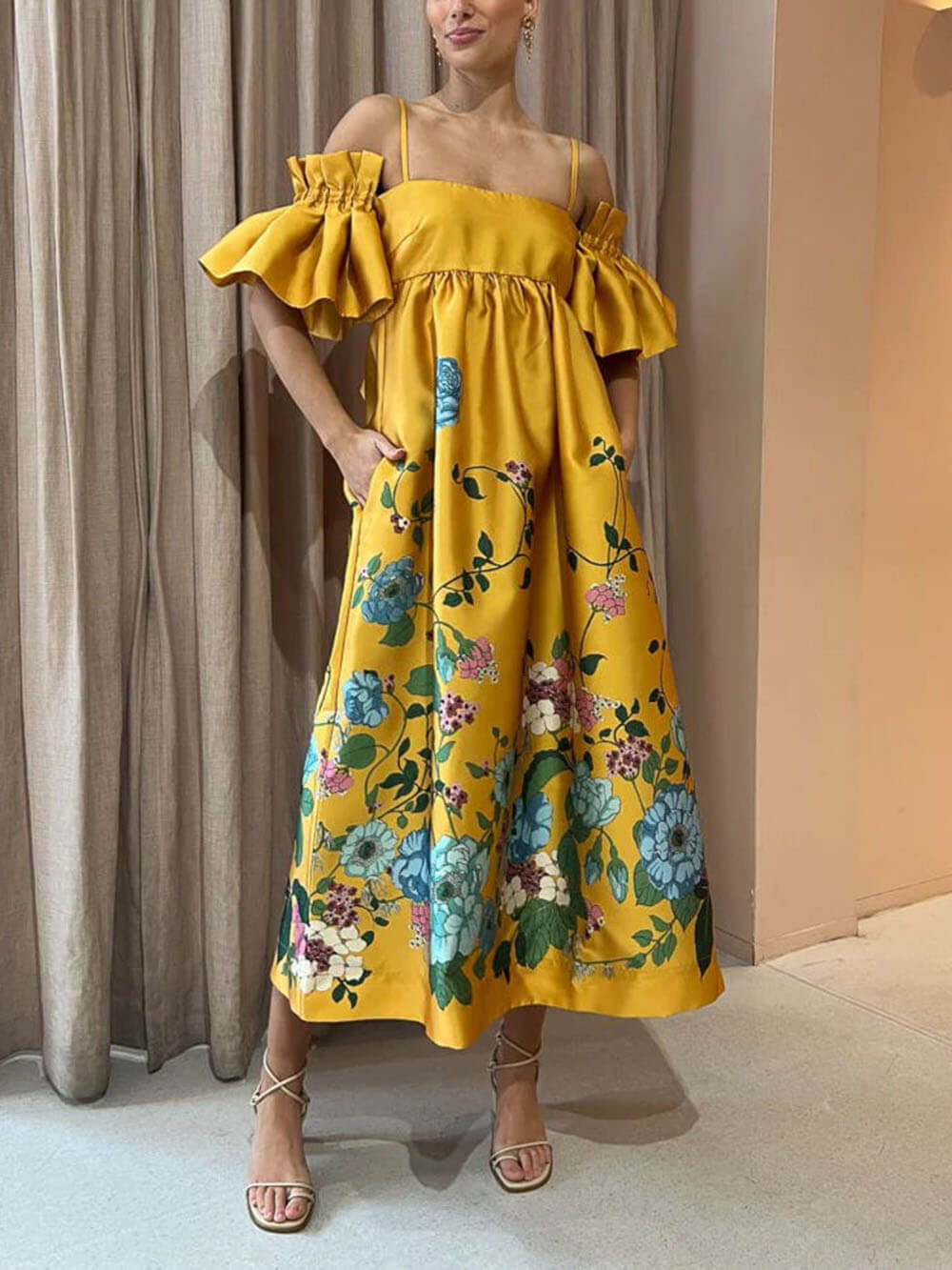 Marigold Printed Gathered Sleeve Pocketed A - Line Midi Dress