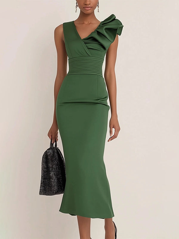Work Semi-Formal Dress Green Sleeveless Ruffle Fitted Midi Dress - FashionDia