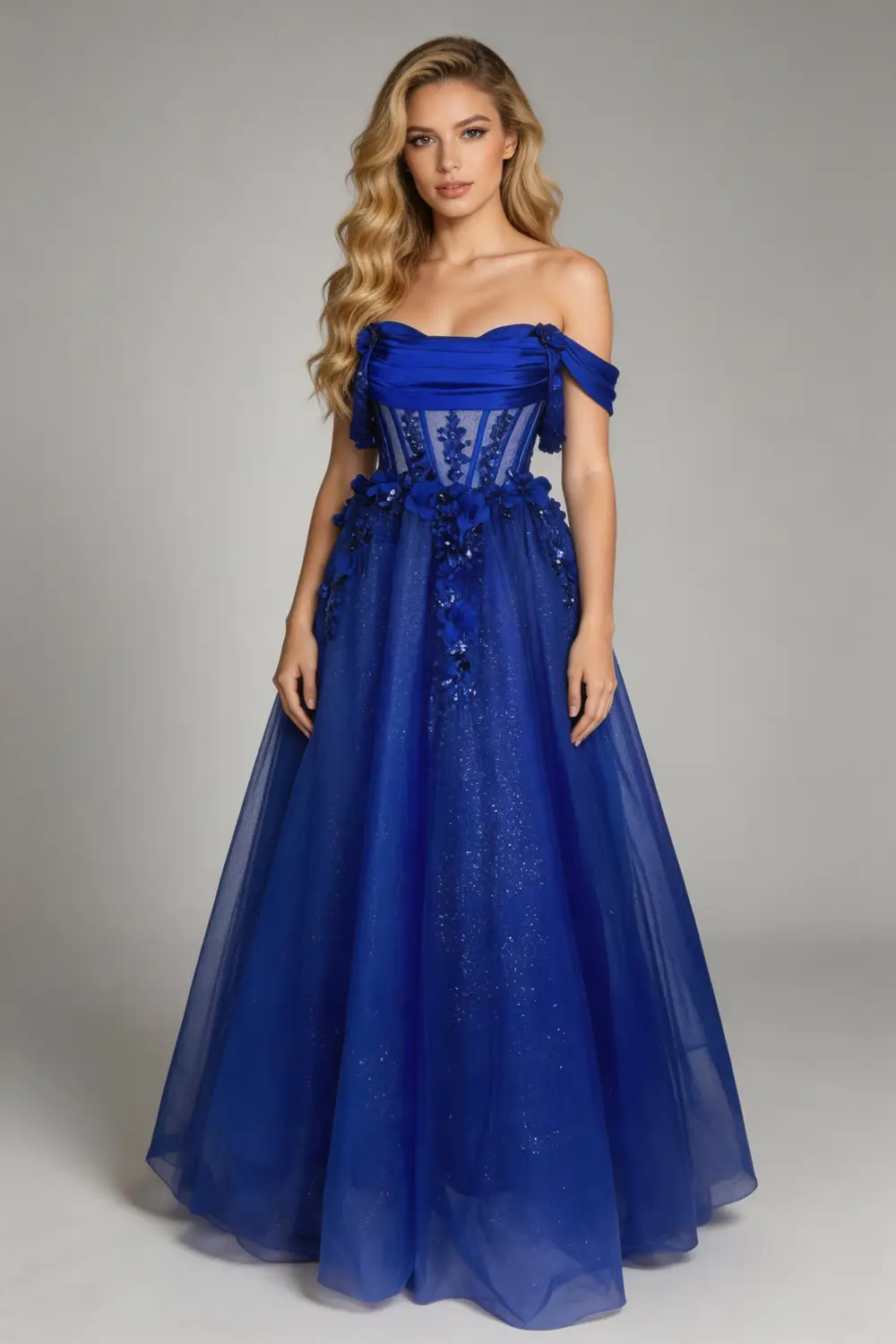 Royal Blue Off Shoulder Corset Ball Gown With 3D Floral Glitter Prom Dress (ZD17138) - VelvetHem