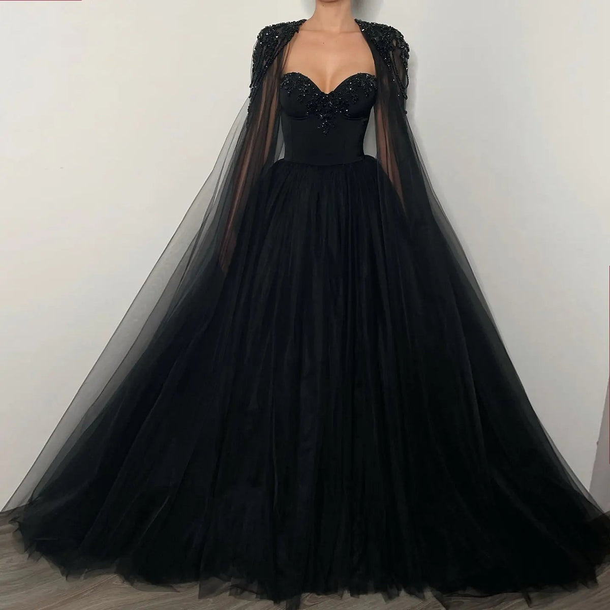 Black Luxury Gothic Wedding Dress Beaded Tulle Ball Gown With Sheer Beaded Cape ZP028