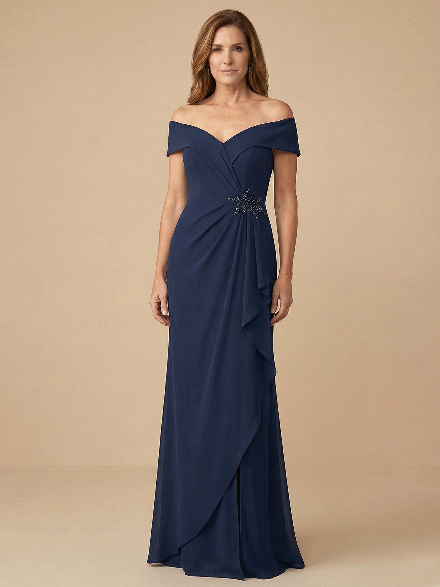 Off the Shoulder Ruffle Chiffon Mother of the Bride Dress with Applique