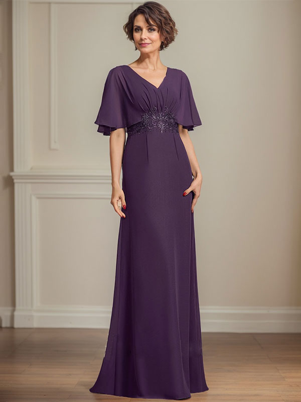 A-line V-Neck Floor-Length Chiffon Mother of the Bride Dress With Pleated Sequins Appliques Lace - VelvetHem