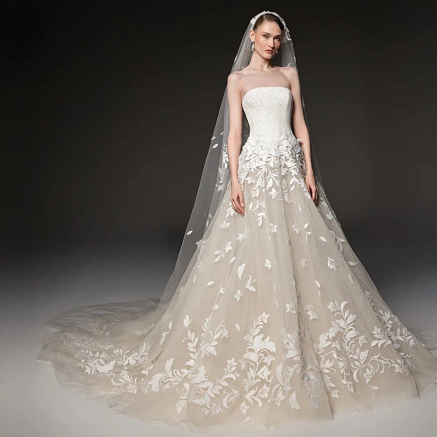 Dreamy Ivory Strapless Floral Lace Mermaid Train Wedding Dress with Veil ZP083