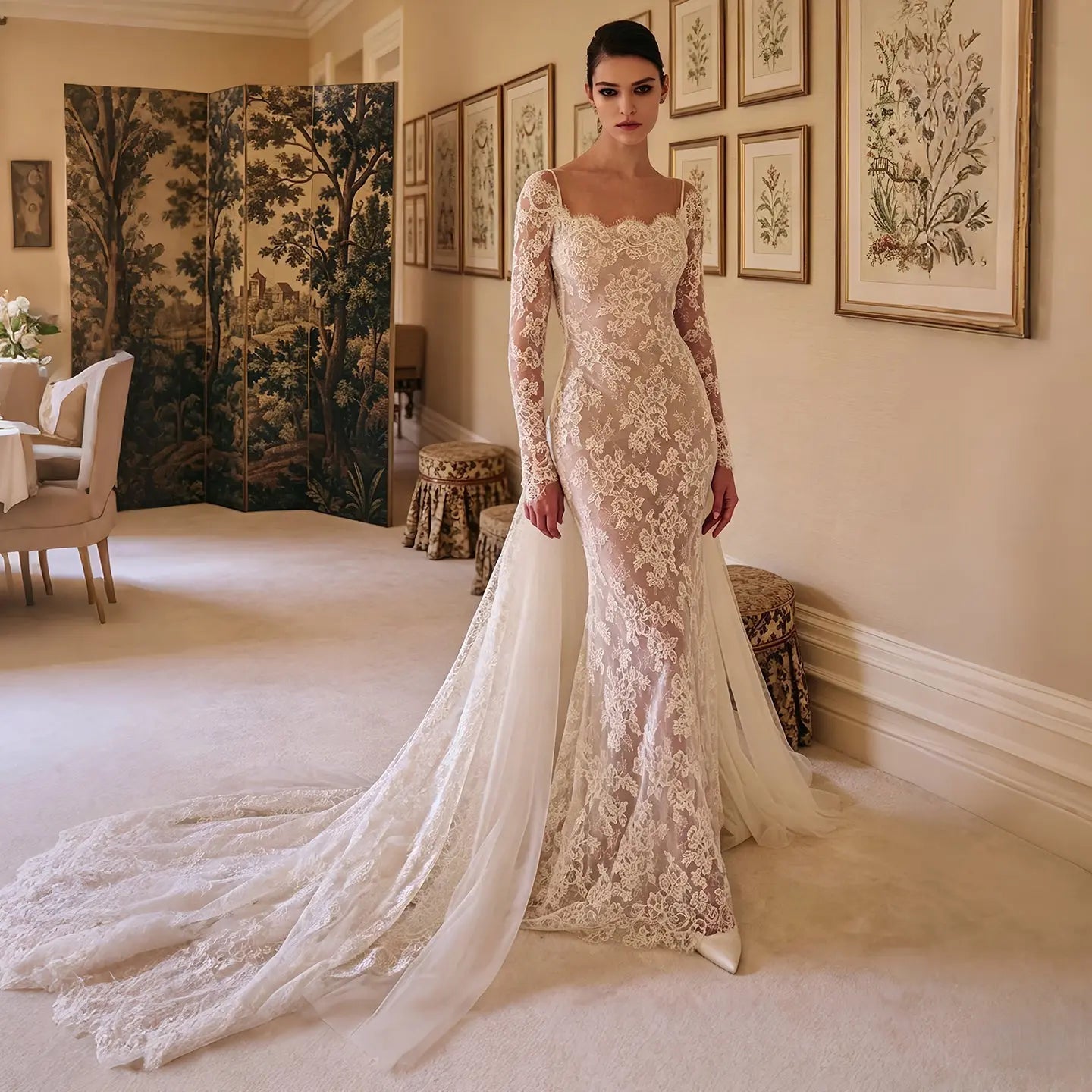 Romantic Ivory Long Sleeve Lace Mermaid Wedding Dress with Overskirt ZP076