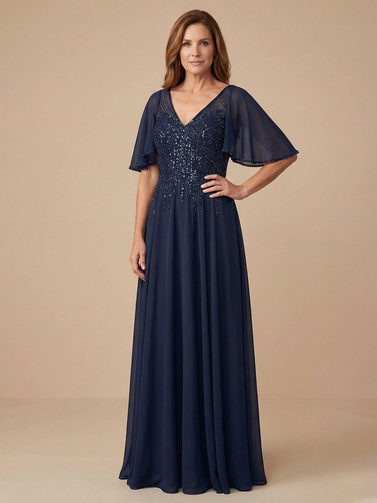 Flare Sleeves Sparky Sequins A-Line Chiffon Mother of the Brides Dresses - FashionDia