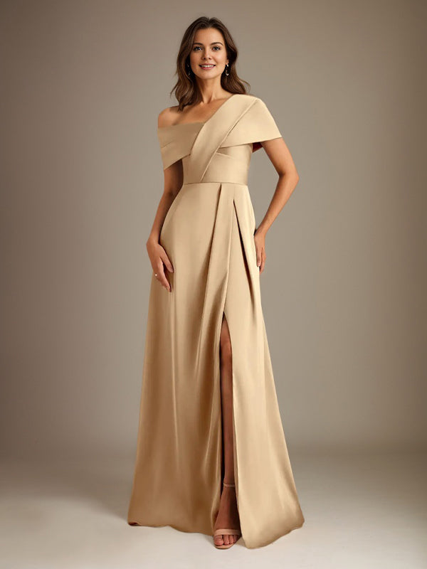 A-Line Asymmetrical Neckline Floor-Length Satin Mother of the Bride Dress With Pleated