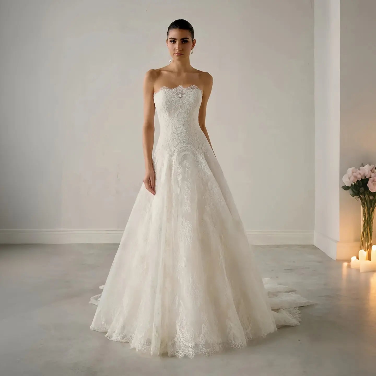 White Classic Eyelash Lace A Line Wedding Dress for Bride ZP208