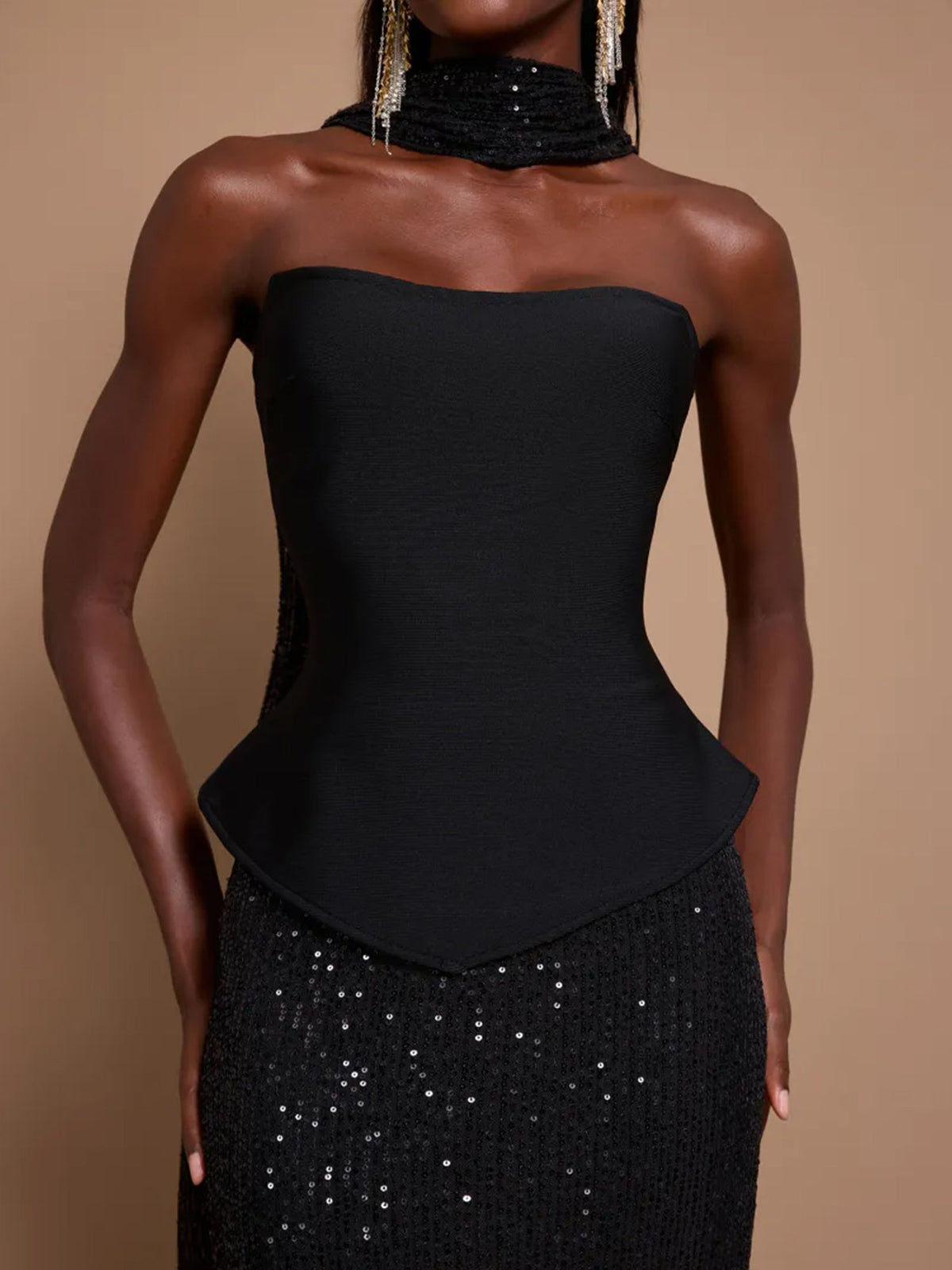 Off-Shoulder Bandage Top & Sequin Midi Skirt Set