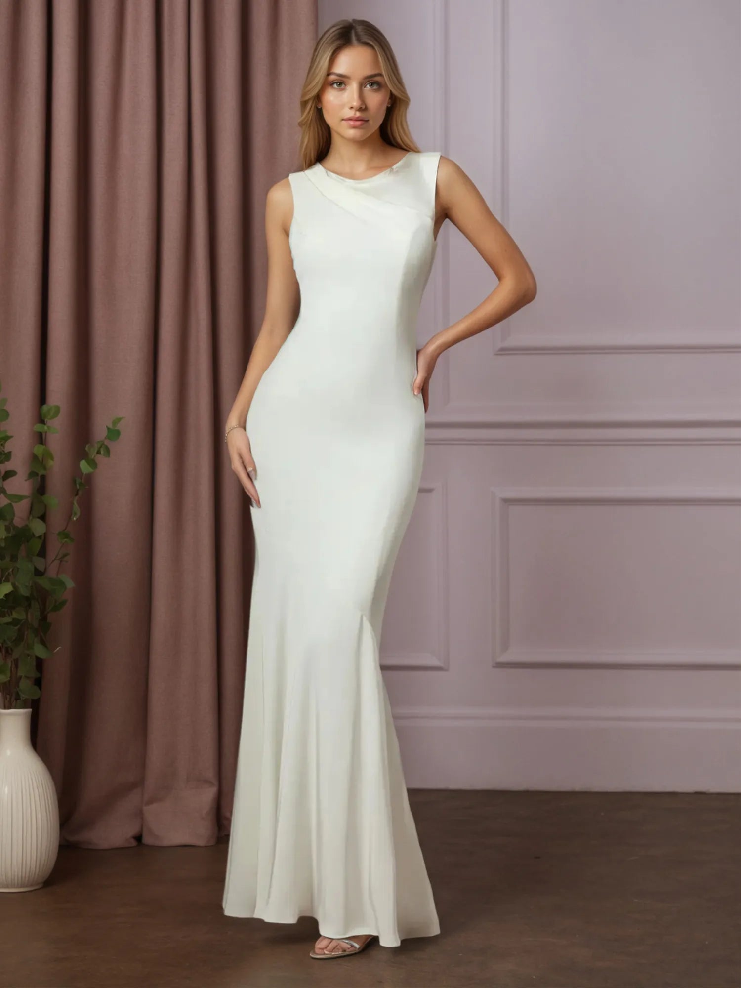 White Mermaid Boat Neckline Stretch Crepe Wedding Dress