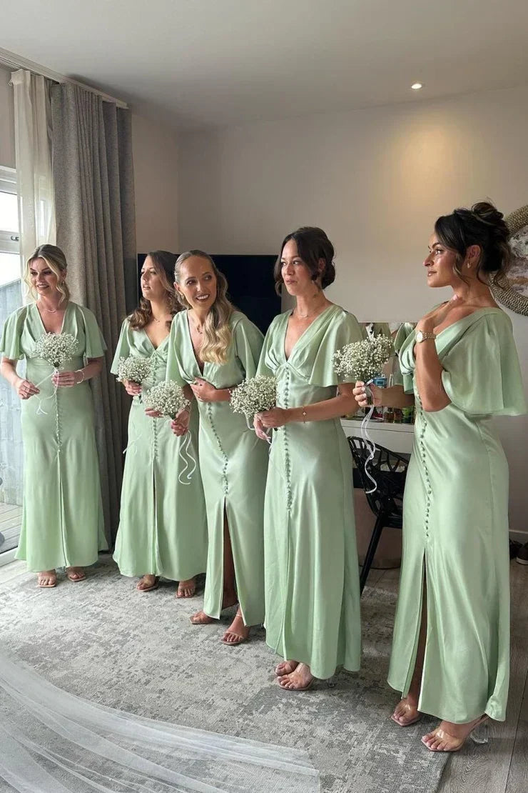 Flare Sleeves Sage Green Bridesmaid Dress with Buttons - FashionDia