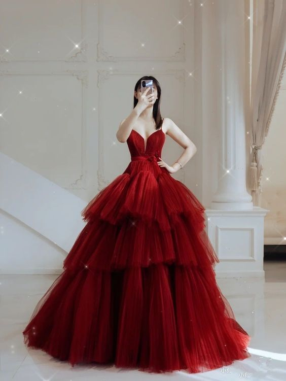 A-Line Red Multi Tulle Prom Dress,Red Princess Dress - FashionDia