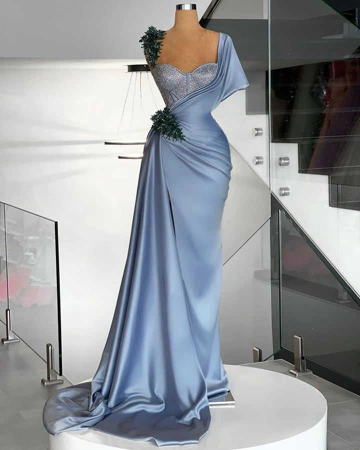 Elegant Blue Satin Mermaid Prom Dress Evening Dress With Beads