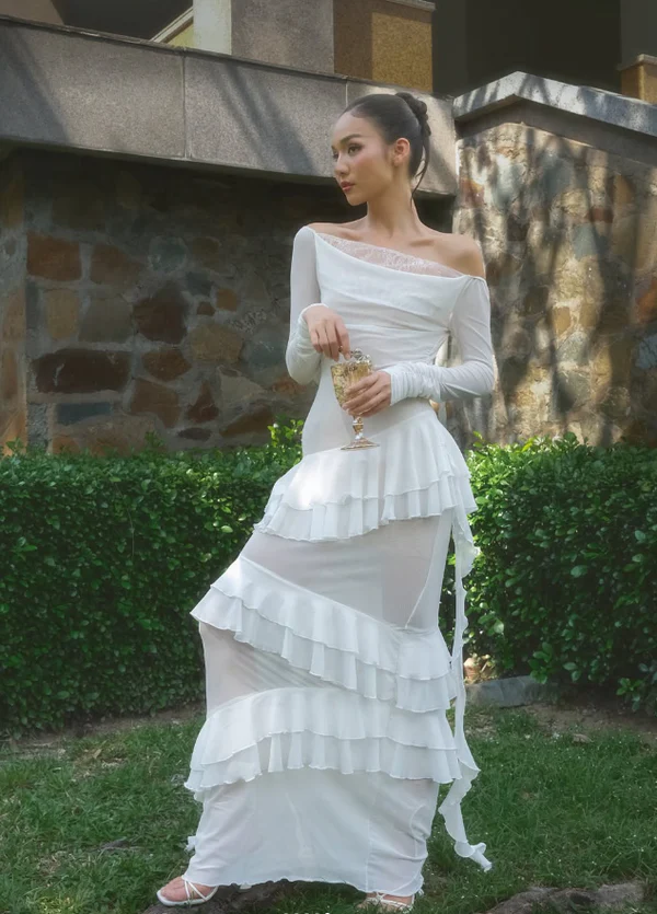 Charming Off The Shouler Lace Chiffon Layered Evening Dress,White Long Prom Wedding Dress